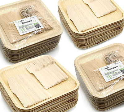 100 Disposable 10" Square Palm Leaf Plates, 100 Wood Forks, 100 Wood Knives