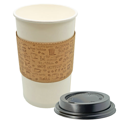 16 Oz Disposable Paper Coffee Cups with Lids and Sleeves - 50 Sets - Coffee To Go Medium Portion