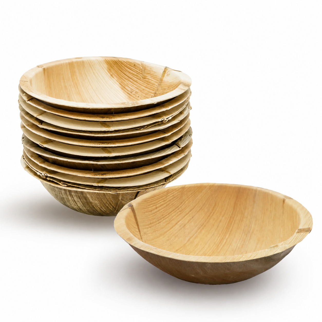 10 pack of 8.5 inch palm leaf serving bowls, stacked with one bowl in front