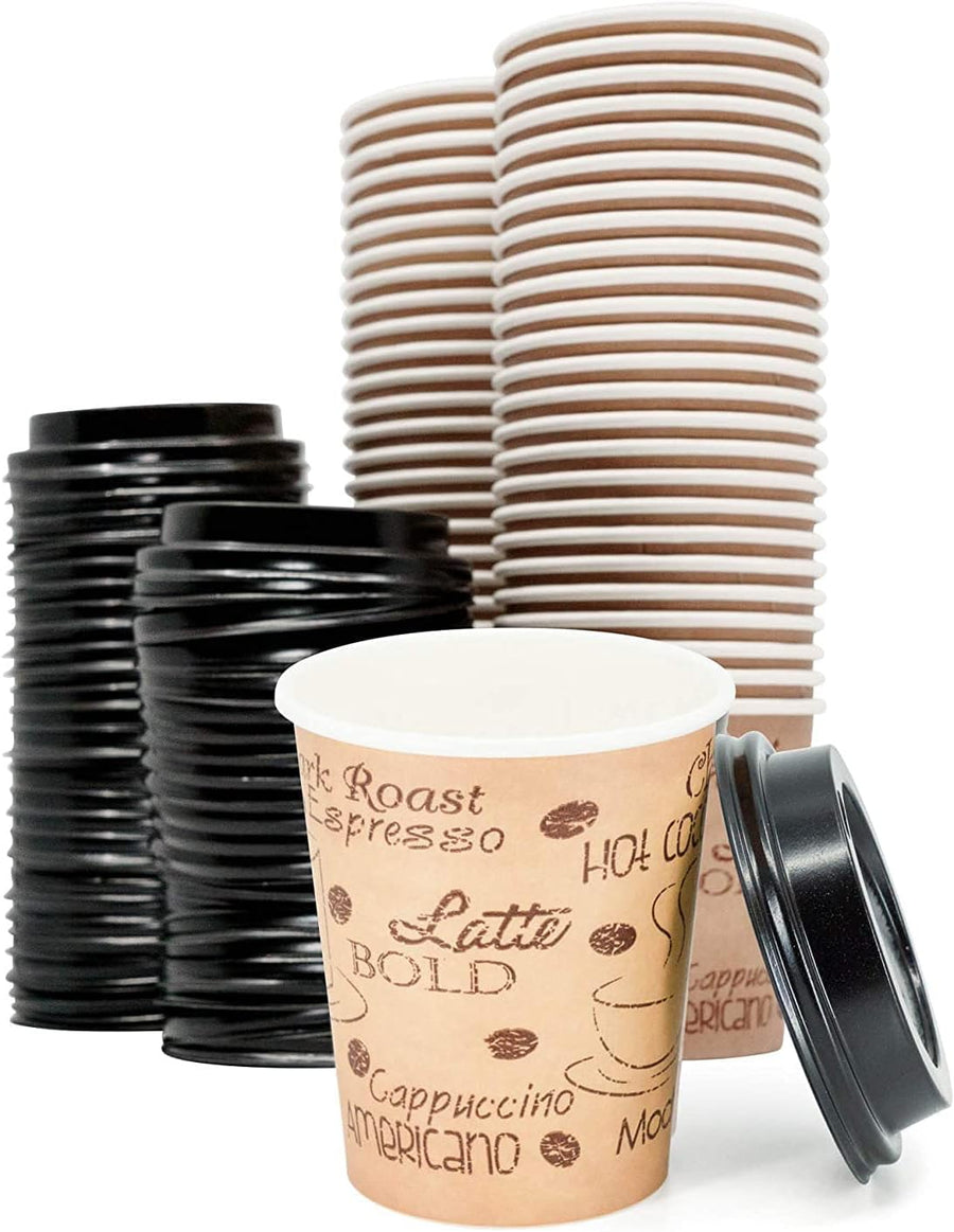 8 Ounce Disposable Paper Coffee Hot Cups with Black Lids - 50 Sets - Double Shot Espresso Macchiato Lungo Coffee To Go Medium Portion
