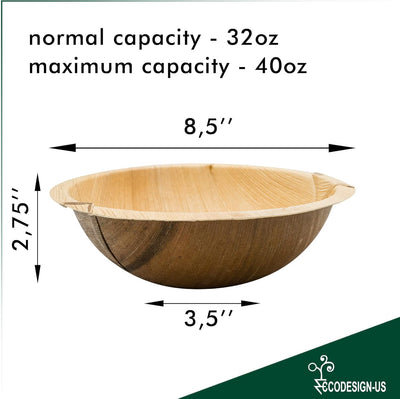 Eco-gecko 100 Disposable 8.5" Round Palm Leaf Serving Bowls