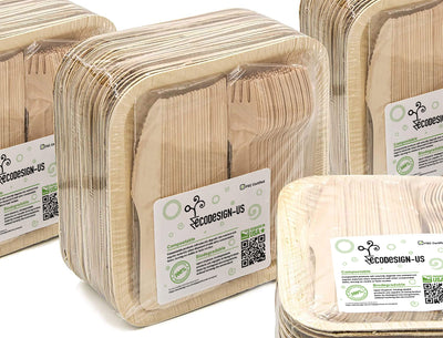 Holiday Party Dinnerware Eco Set of 300 Eco-Friendly Dinnerware - 100 Disposable 8" Square Palm Leaf Plates, 100 Wood Forks, 100 Wood Knives