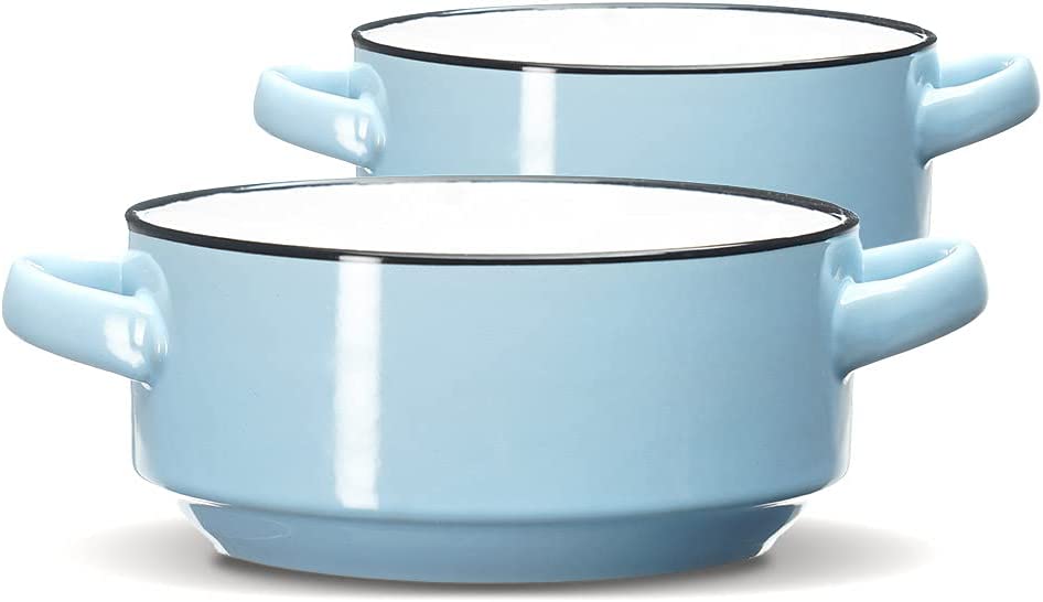 Baking Serving Ceramic Blue Soup Bowls with Handles - 16 Ounce - Set of 2 - Chowder Bisque Pot Pie Crocks