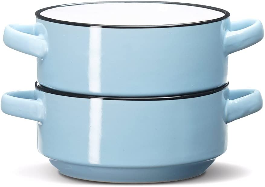 Baking Serving Ceramic Blue Soup Bowls with Handles - 16 Ounce - Set of 2 - Chowder Bisque Pot Pie Crocks