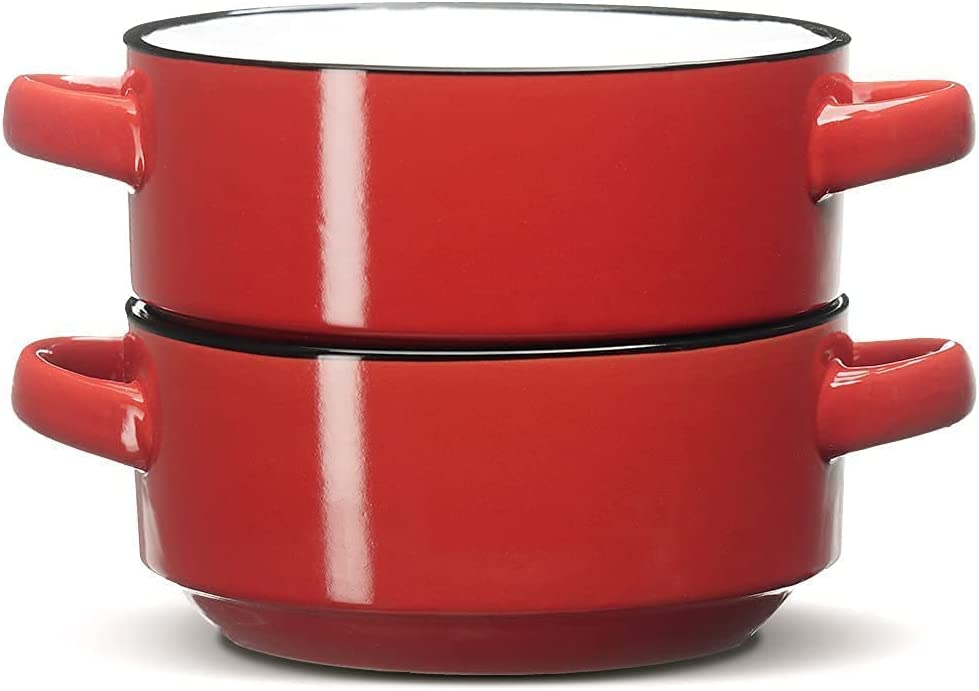 Baking Serving Ceramic Red Soup Bowls Crocks with Handles - 16 Ounce - Set of 2