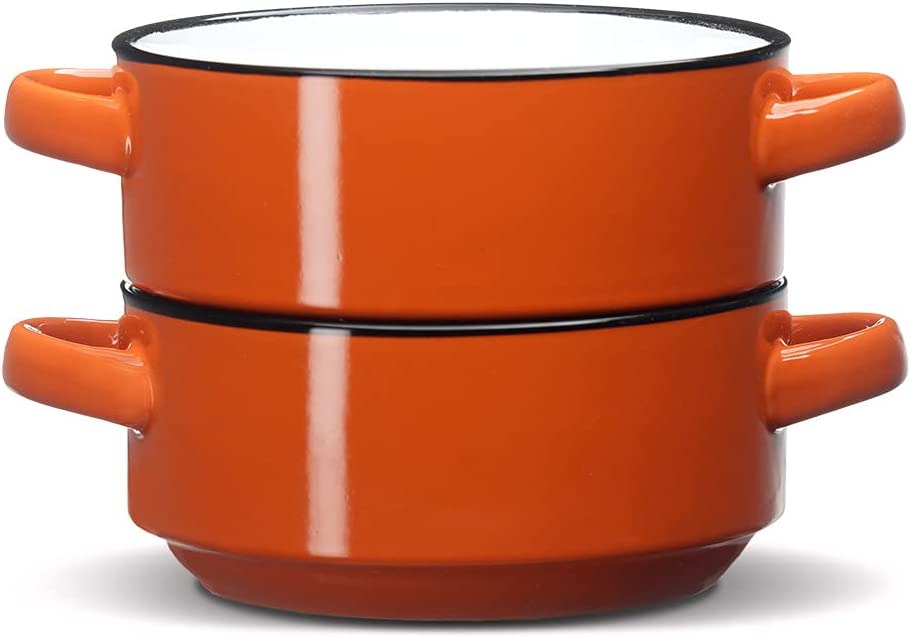 Baking Serving Ceramic Orange Soup Bowls with Handles - 16 Ounce - Set of 2 - Chowder Bisque Pot Pie Crocks