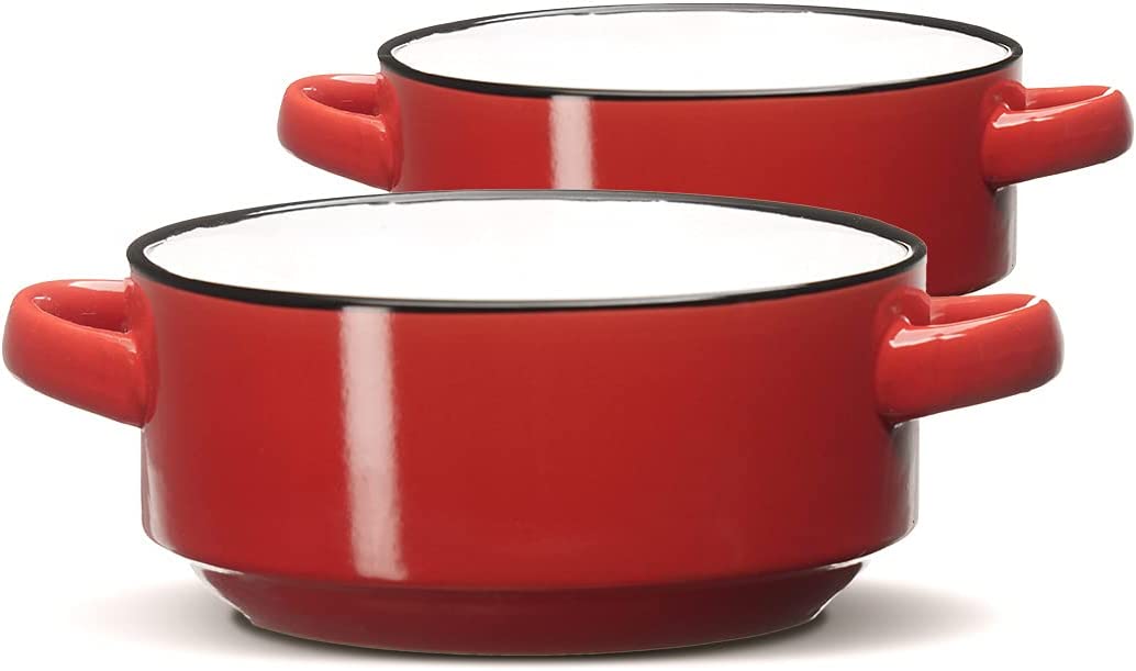 Baking Serving Ceramic Red Soup Bowls with Handles - 16 Ounce - Set of 2 - Chowder Bisque Pot Pie Crocks