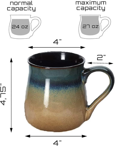 Large Pottery Coffee Mug 24 oz - Jumbo Tea Cup - Oversized Ceramic Soup Mug with Handle - 1 PCS (Blue to Tan)