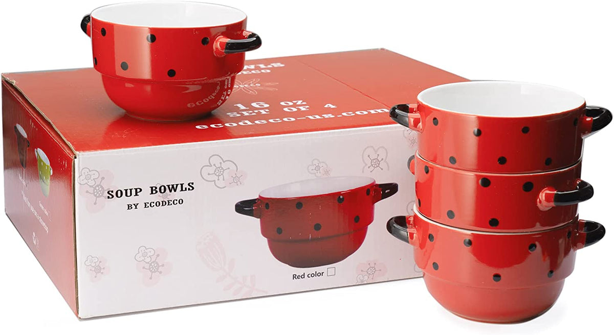 Baking Serving Soup Bowls with Handles - Ceramic - Polka Dot Red - 16 Ounce - Stackable - Set of 4 - Stew Gumbo Chili Pasta Pots