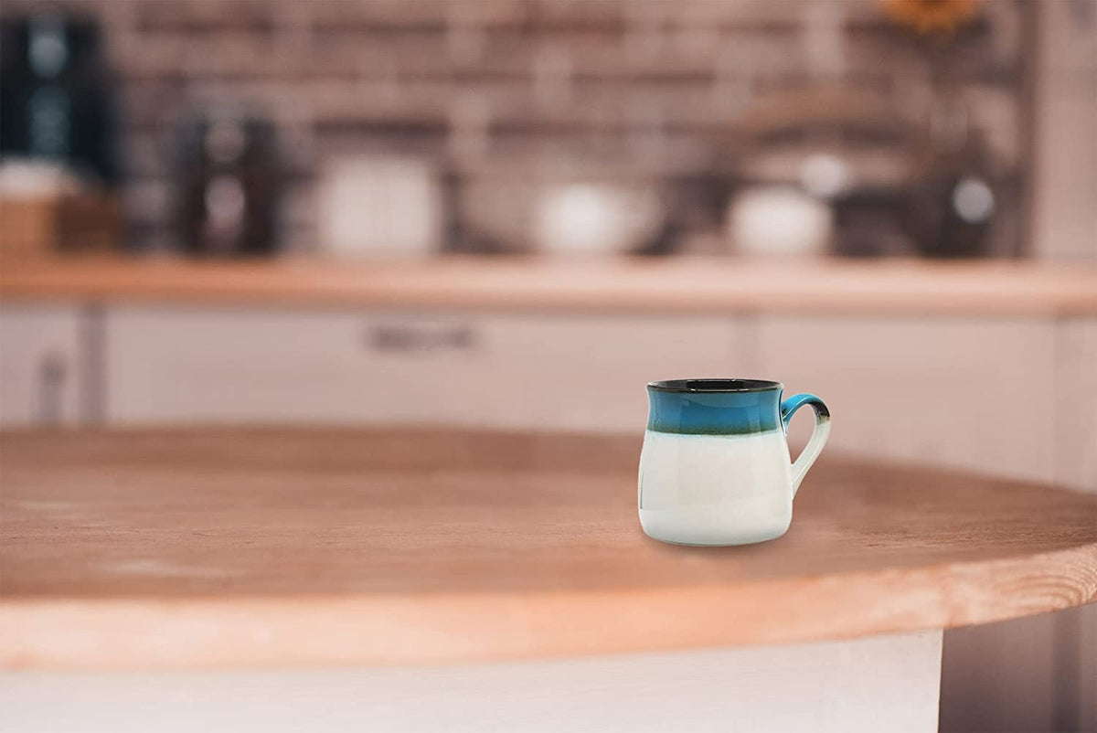 Pottery Coffee Mug 16 oz - Ceramic Tea Cup - Soup Mug with Handle - 1 PCS (White to Blue)