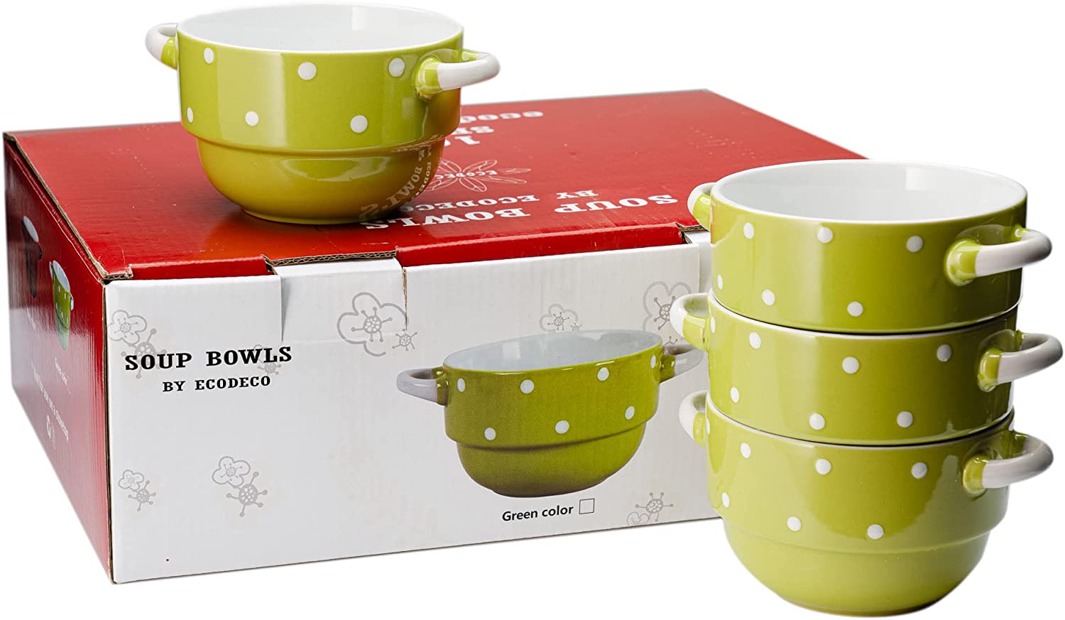 Baking Serving Soup Bowls with Handles - Ceramic - Polka Dot Green - 16 Ounce - Stackable - Set of 4 - Stew Gumbo Chili Pasta Pots