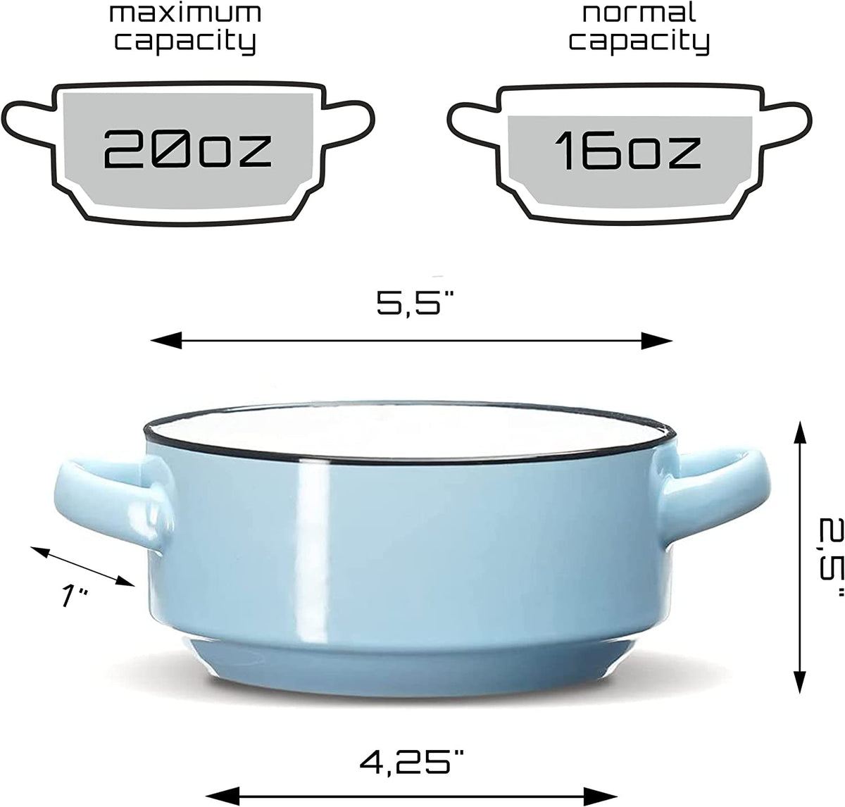 Baking Serving Ceramic Blue Soup Bowls Crocks with Handles - 16 Ounce - Set of 2