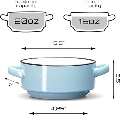 Baking Serving Ceramic Blue Soup Bowls with Handles - 16 Ounce - Set of 2 - Chowder Bisque Pot Pie Crocks
