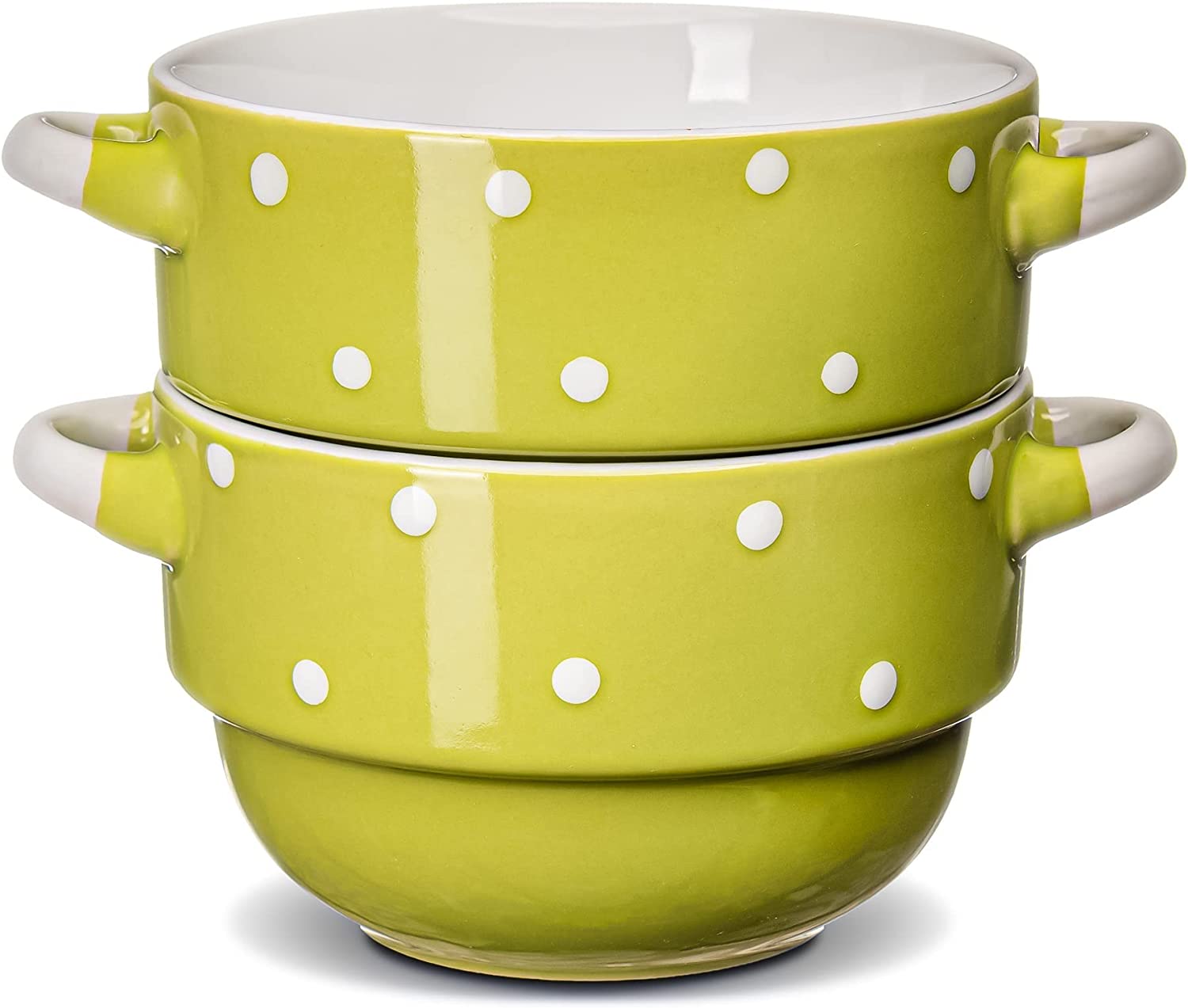 Baking Serving Soup Bowls with Handles - Ceramic - Polka Dot Green - 16 Ounce - Stackable - Set of 4 - Stew Gumbo Chili Pasta Pots