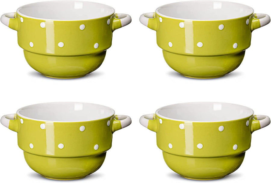 Baking Serving Soup Bowls with Handles - Ceramic - Polka Dot Green - 16 Ounce - Stackable - Set of 4 - Stew Gumbo Chili Pasta Pots