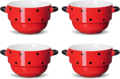 Baking Serving Soup Bowls with Handles - Ceramic - Polka Dot Red - 16 Ounce - Stackable - Set of 4 - Stew Gumbo Chili Pasta Pots