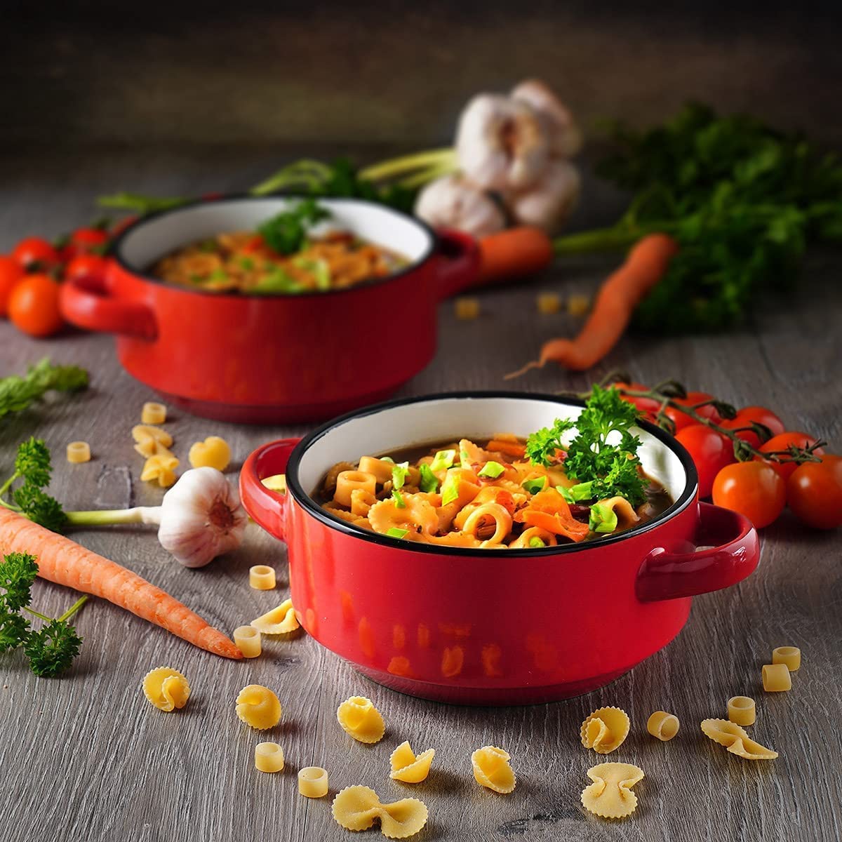 Baking Serving Ceramic Red Soup Bowls with Handles - 16 Ounce - Set of 2 - Chowder Bisque Pot Pie Crocks