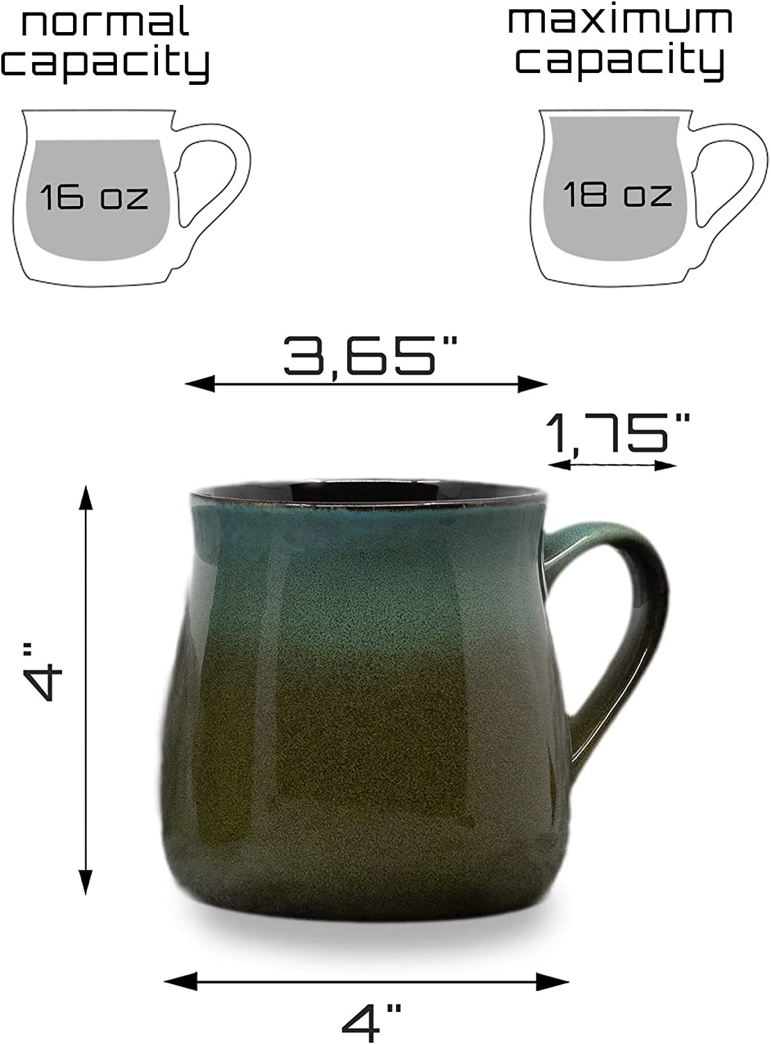 16 Oz Porcelain Coffee Mugs Set, Ceramic Tea Cup with Handle, Dishwasher,  Oven