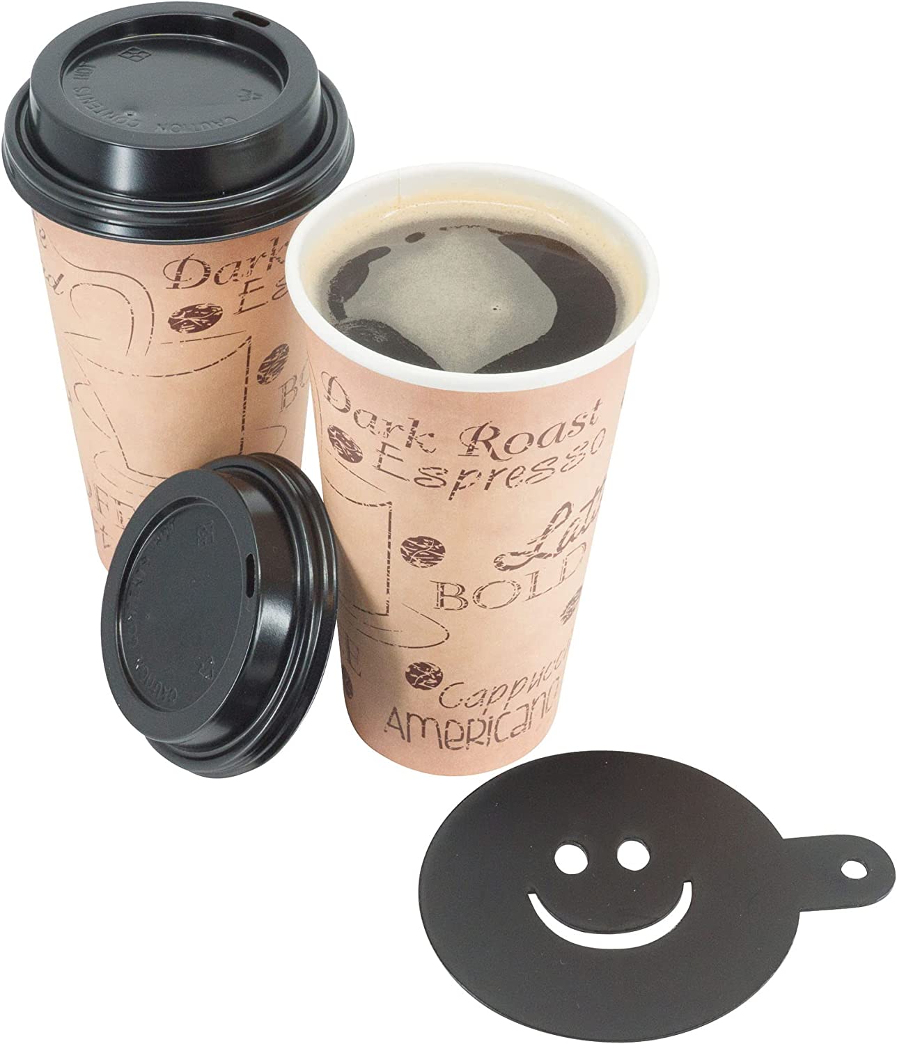 12 Ounce Disposable Paper Coffee Hot Cups with Black Lids - 50 Sets - Coffee Latte Macchiato to Go Medium Portion