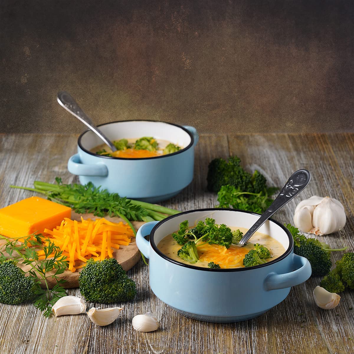 Baking Serving Ceramic Blue Soup Bowls with Handles - 16 Ounce - Set of 2 - Chowder Bisque Pot Pie Crocks