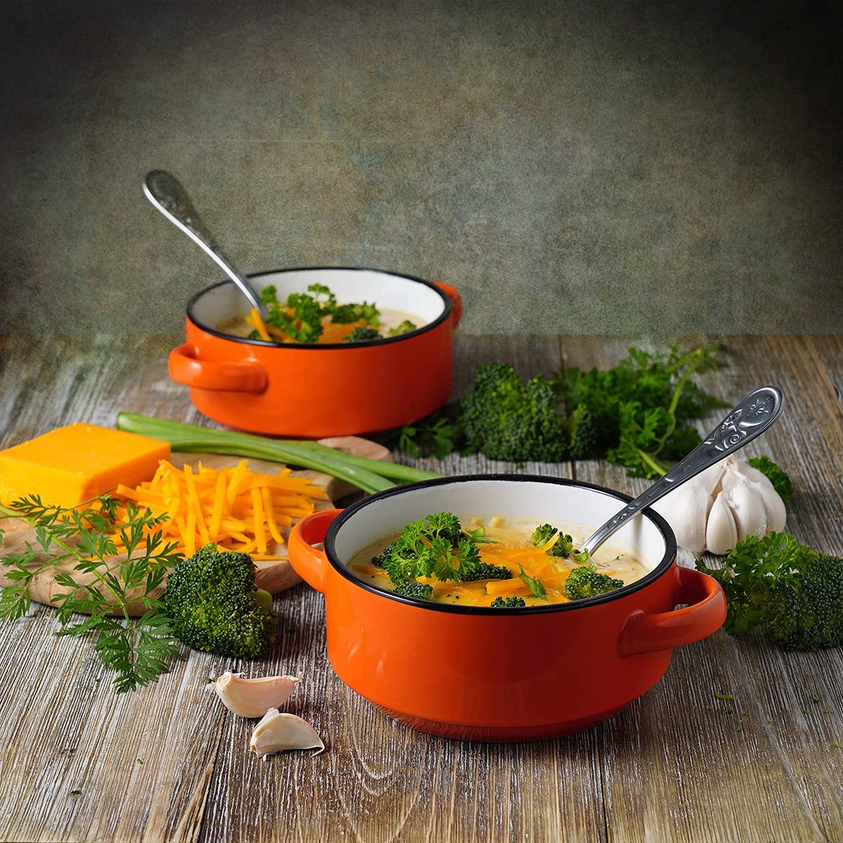 Baking Serving Ceramic Orange Soup Bowls with Handles - 16 Ounce - Set of 2 - Chowder Bisque Pot Pie Crocks