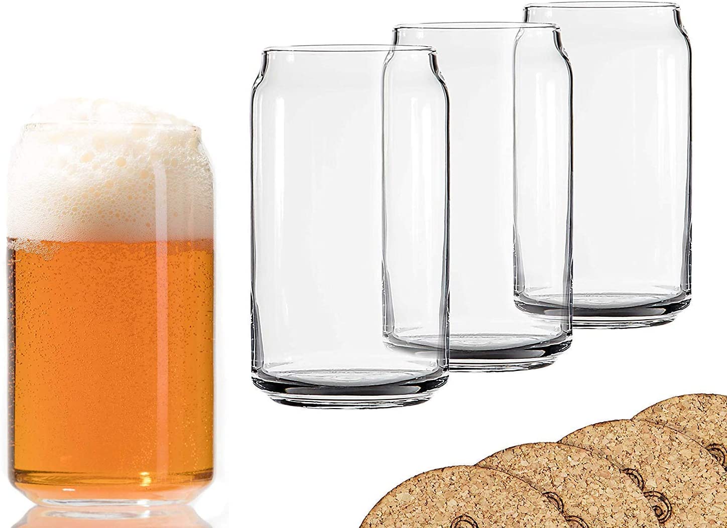 Beer Glass Can Shaped 16 oz - Pint Beer Glasses 4 Pack w/coasters