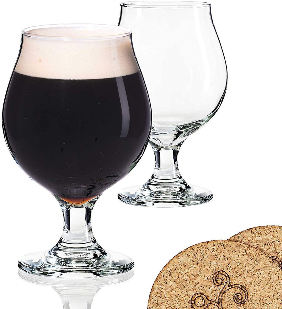 Beer Glass Belgian Style Stemmed Tulip - 13 oz Lambic Beer Glasses - set of 2 w/ coasters