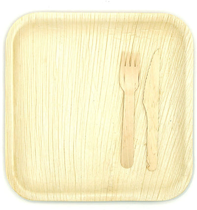 100 Disposable 10" Square Palm Leaf Plates, 100 Wood Forks, 100 Wood Knives