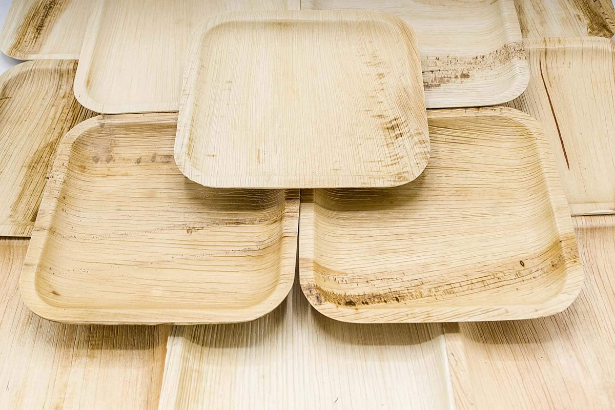 Holiday Party Dinnerware Eco Set of 300 Eco-Friendly Dinnerware - 100 Disposable 8" Square Palm Leaf Plates, 100 Wood Forks, 100 Wood Knives