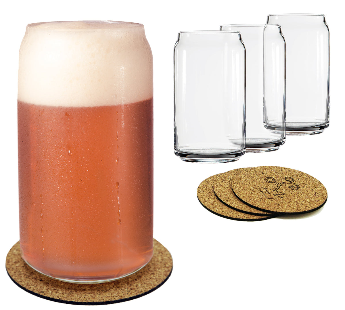Beer Glass Can Shaped 16 oz - Pint Beer Glasses 4 Pack w/coasters
