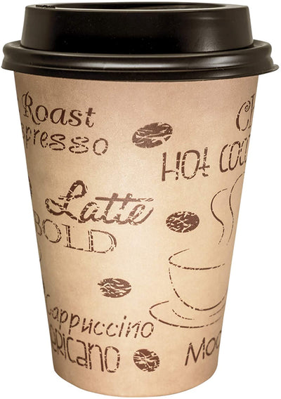 12 Ounce Disposable Paper Coffee Hot Cups with Black Lids - 50 Sets - Coffee Latte Macchiato To Go Medium Portion